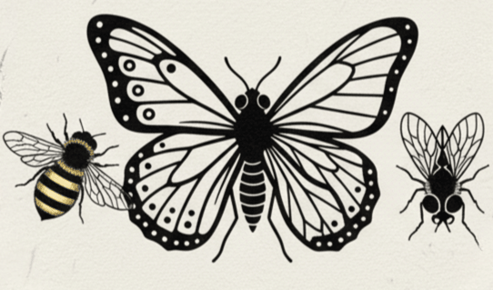 Abeille, mouche et papillon